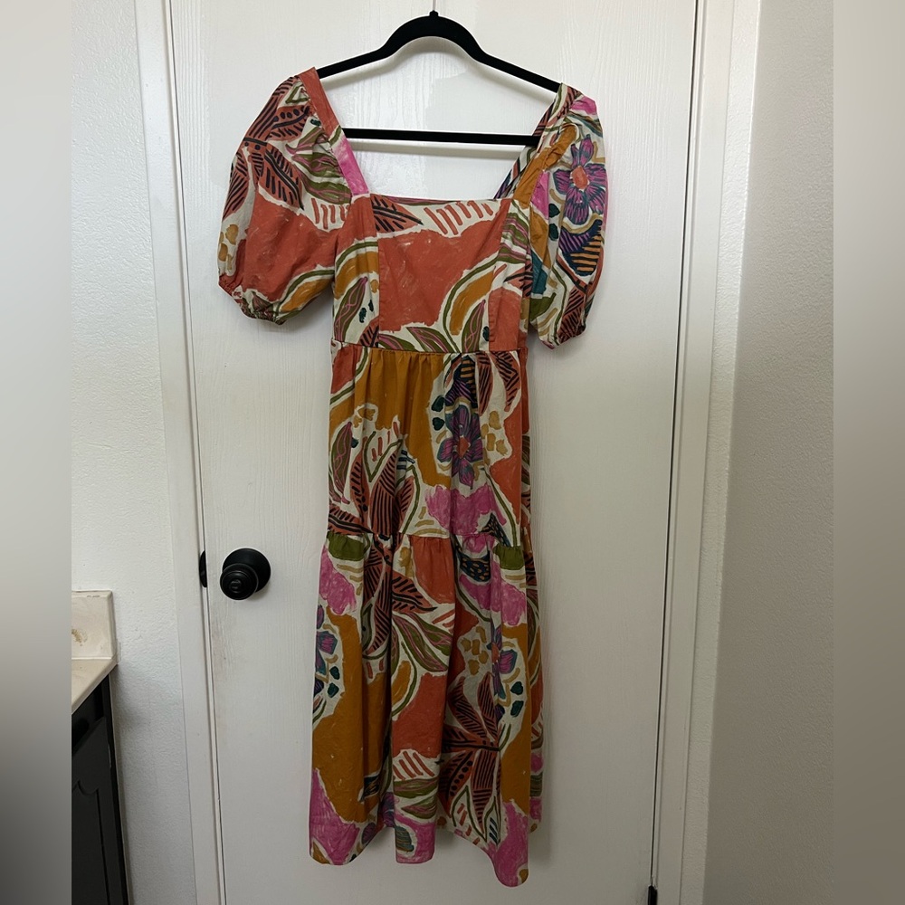 Floral Multicolor Square Neck Maxi Dress Poplin Style Sleeves